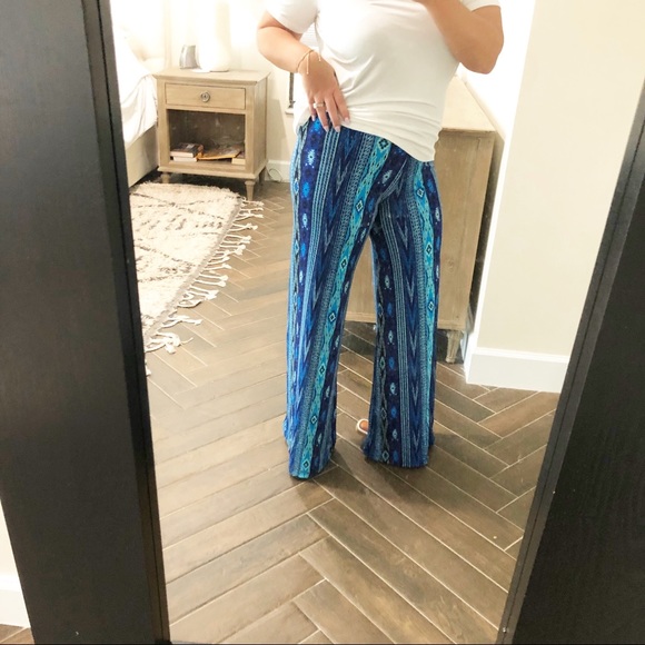 Pants - Boho Blue Printed Palazzo Wide Leg Comfy Pants